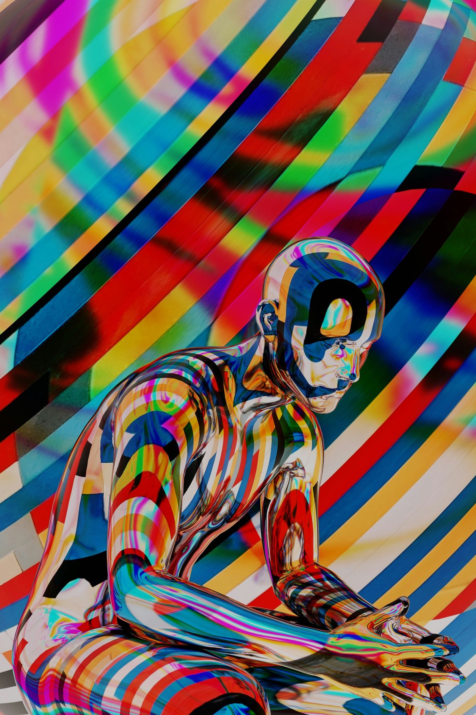 Colourful digital artwork of a figure made of bright stripes