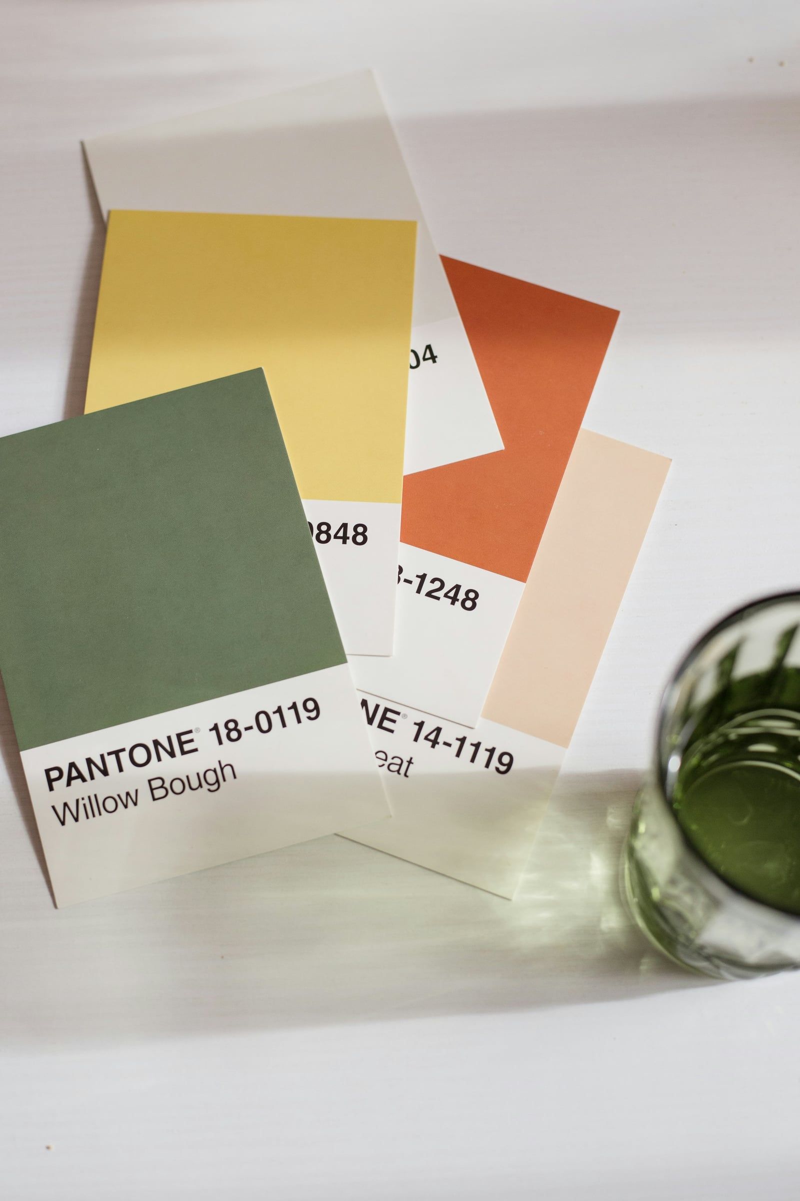 Pantone colour cards beside a glass of green paint water